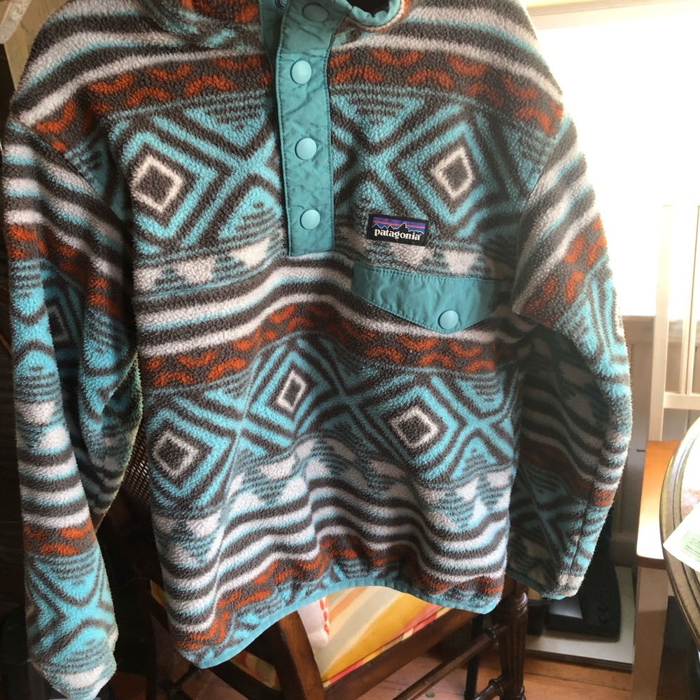 Patagonia Teal and Brown Geometric Snap-Placket Fleece Pullover